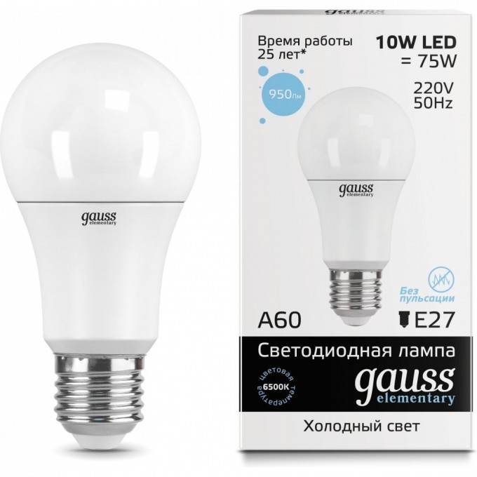 Лампа (LED) Светодиодная GAUSS 10W E27 6500K, Elementary 23230