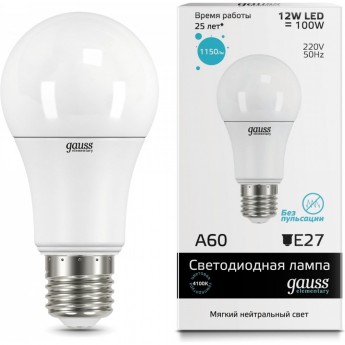 Лампа (LED) Светодиодная GAUSS 12W E27 4100K, Elementary