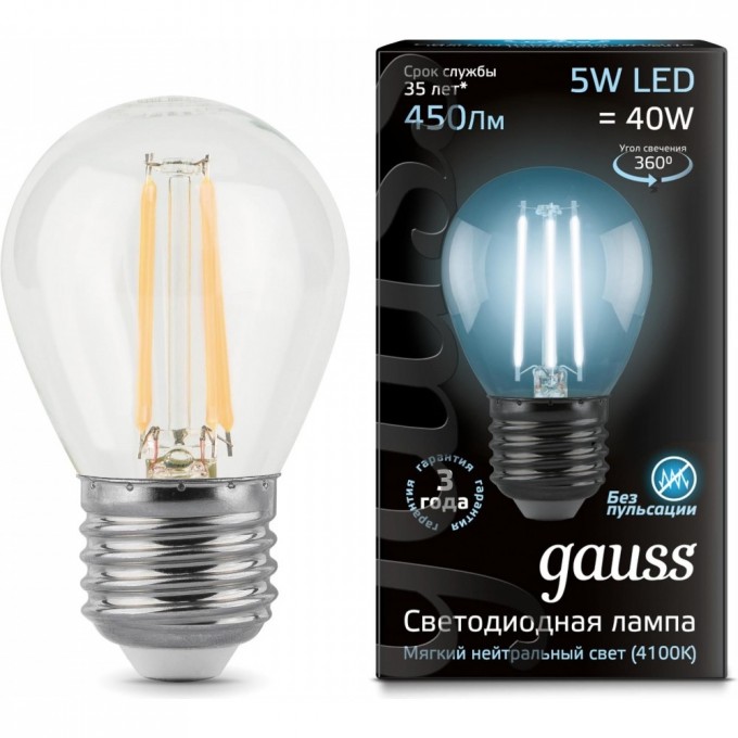 Лампа (LED) Светодиодная GAUSS 5W E27 4100K, Filament Globe 105802205