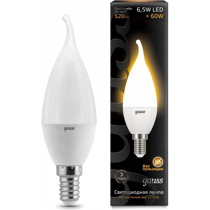 Лампа (LED) Светодиодная GAUSS 6,5W E14 2700K, Candle 104101107