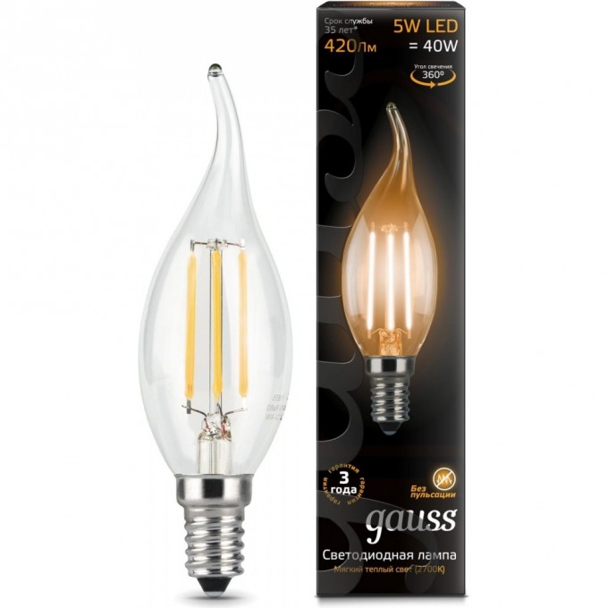 Лампа (LED) Светодиодная GAUSS E14 2700K, Filament Candle tailed dimmable 104801105-D