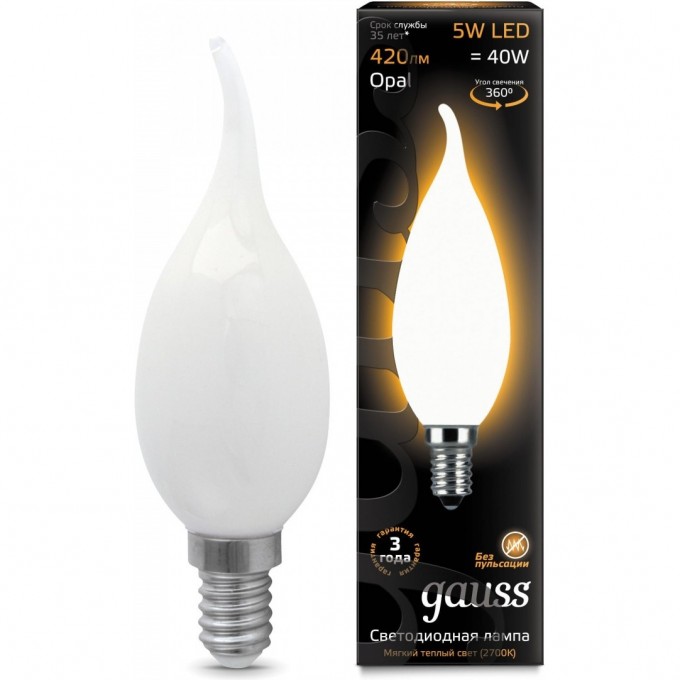 Лампа (LED) Светодиодная GAUSS E14 2700K, Filament Candle Tailed OPAL 104201105