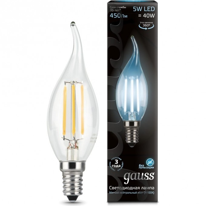 Лампа (LED) светодиодная GAUSS E14 4100K, Filament Candle tailed dimmable 104801205-D